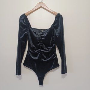 Shinestar Black Velvet Velour Ruched Long Sleeve Bodysuit Size L